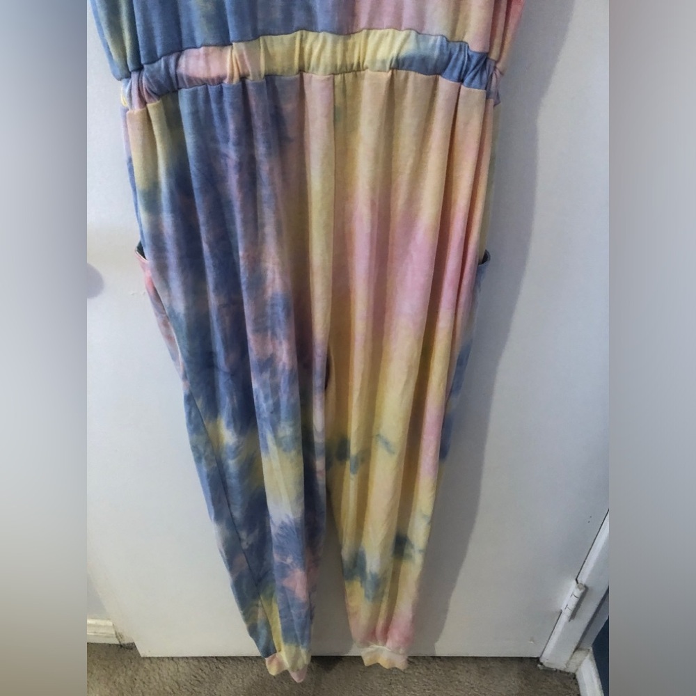 Tie Dye Pastel Multi Color Comfy Soft Jumpsuit with Tie Waist Pockets size Small - Picture 9 of 10